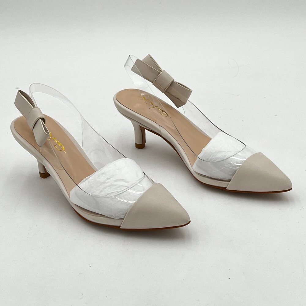 XYD Nude Bow Transparent Slingback Kitten Heels Pumps Pointed Toe PVC Dress Shoe